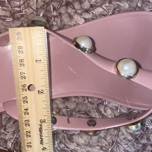 Luxe fashion nude pink pearl studded thong jelly slippers Sz  L - Picture 7 of 10